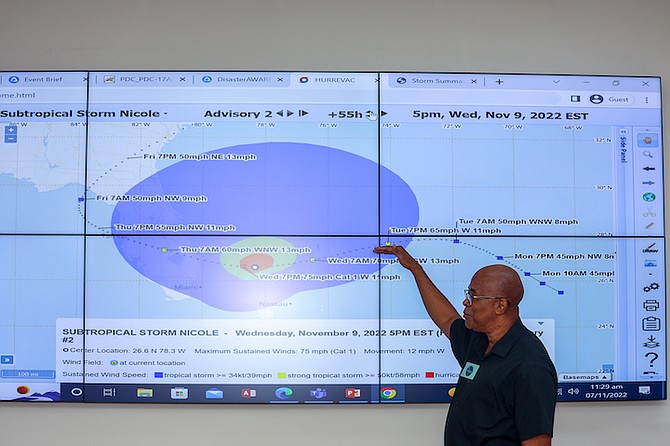 Arnold King, Chief Meteorological Officer at Bahamas Department of Meteorology, gives an update on the storm on Monday. Photo: Austin Fernander