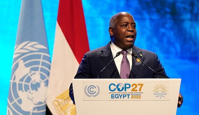 PRIME Minister Philip “Brave” Davis speaks at the COP27 UN Climate Summit in Sharm el-Sheikh, Egypt. Photo: Peter Dejong/AP