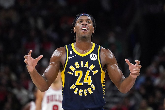INDIANA Pacers guard Buddy Hield reacts after hitting a clutch three-pointer during an NBA basketball game against the Chicago Bulls on October 26 in Chicago. Hield signed a multi-year shoe deal extension with Nike yesterday.
(AP Photo/Charles Rex Arbogast)