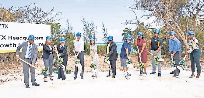 Prime Minister Philip Davis KC at the groundbreaking for FTX’s proposed Bahamas headquarters earlier this year. Seen immediately to the right is FTX co-founder, Sam Bankman-Fried, and right next to him is Christina Rolle, the Securities Commission’s executive director. Allyson Maynard-Gibson KC, former attorney general and FTX attorney, is third from left, and contractor Jimmy Mosko is second right.