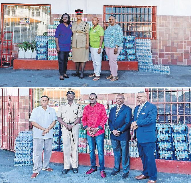 ROYAL Bahamas Police Force (RBPF) Security and Intelligence Branch in conjunction with members of the Bahamas Law Enforcement Cooperative Union (BLECCU) donated some 40 cases of water and 40 cases of sodas to Great Commission Ministries yesterday. 
PHOTOS: Austin Fernander