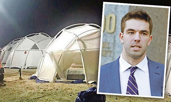 TENTS at the Fyre Festival site in 2017 and (inset) Billy McFarland pictured in 2018.