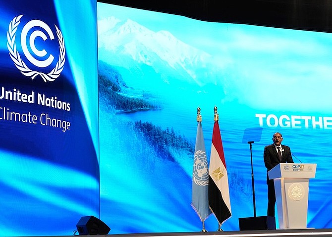 GASTON BROWNE, Prime Minister of Antigua and Barbuda, speaking at the COP27 UN Climate Summit on November 8 in Sharm el-Sheikh, Egypt.
Photo: Peter Dejong/AP