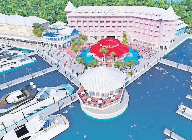 AERIAL VIEW OF TREASURE CAY TOWN CENTRE.