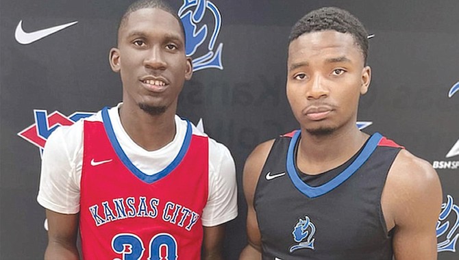 BRADLEY LIGHTBOURNE, left, scored 24 points and Joshua Dames scored 21 in the Blue Devils’ 93-88 win over no.4 Ellsworth Community College on Tuesday night in Kansas City, Kansas.