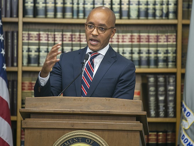 Damian Williams, US Attorney for the Southern District of New York, announces in New York City on Tuesday, that the US government is charging Sam Bankman-Fried, the founder and former CEO of cryptocurrency exchange FTX, with various financial crimes. (AP Photo/Ted Shaffrey)