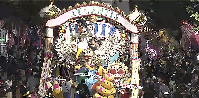 The Boxing Day Junkanoo parade in this image from ZNS streaming coverage.