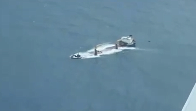 An aerial view of the stricken MV Onego Traveller in video reportedly taken by an Abaco pilot on Thursday.