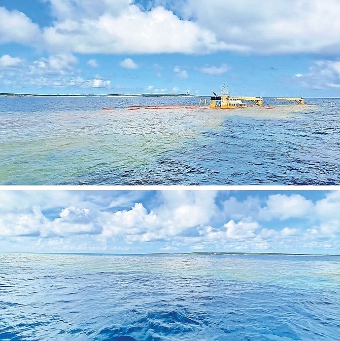 PHOTOGRAPHS supplied to The Tribune yesterday of the scene of the sunken ship. Witnesses reported a “cloud of milky light brown matter” leaking out of a hold near the front of the ship extending “as far as the eye can see looking west” and extending beneath the surface below the oil booms in the area.