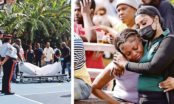 People watch on in shock after an 18-year-old girl collapsed and died while playing basketball at Masons Addition yesterday. (Inset) Officials are seen left removing the body from the scene. 
Photos: Austin Fernander
