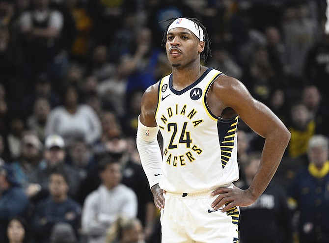 Indiana Pacers guard Buddy Hield (24) during the second half of an NBA basketball game against the Charlotte Hornets, Sunday, Jan. 8, 2023, in Indianapolis. (AP Photo/Marc Lebryk)