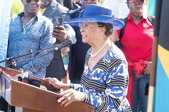 Dame Marguerite Pindling speaking on Tuesday. Photo: Moise Amisial