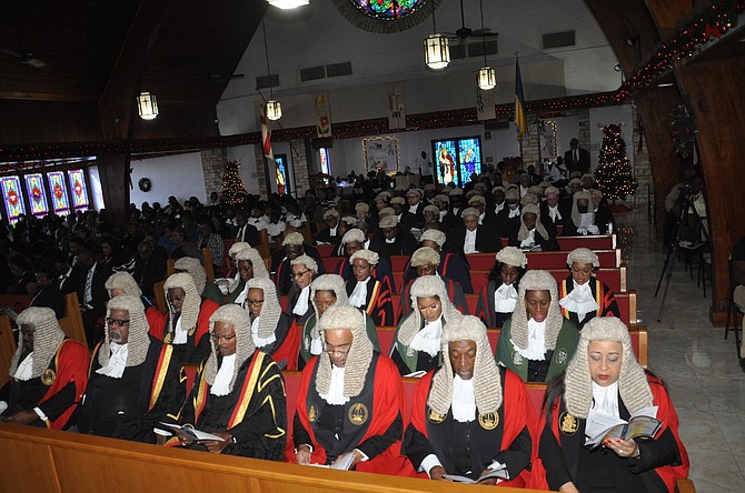 Members of the Judiciary in Grand Bahama at the Pro-Cathedral of Christ the King, marking the opening of the 2023 Legal Year in Grand Bahama. Photo: Vandyke Hepburn
