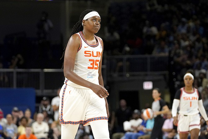 JONQUEL JONES, of the Bahamas, walks down court during the second half of Game 5 in a WNBA basketball playoff semifinal against the Chicago Sky. The New York Liberty have traded for Jonquel Jones, adding a big piece to their championship hopes. The Liberty acquired the 2021 MVP as part of a three-team deal with the Connecticut Sun and Dallas Wings, the teams announced yesterday. 
(AP Photo/Charles Rex Arbogast)