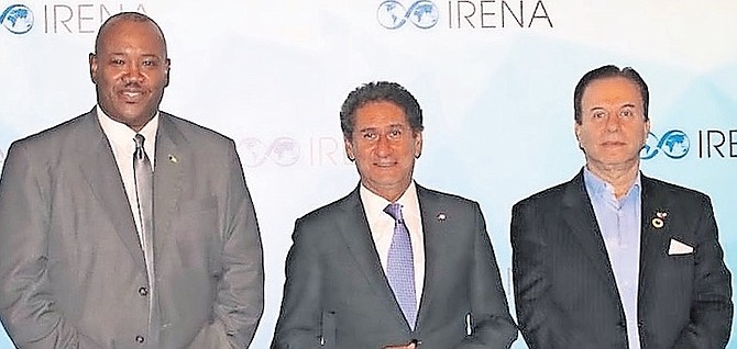FROM L to R: Vaughn Miller, minister of the environment and natural resources; Francesco La Camera, director-general of the International Renewable Energy Agency (IRENA), and Tony Joudi, ambassador, United Arab Emirates and the state of Qatar, at IRENA 13.