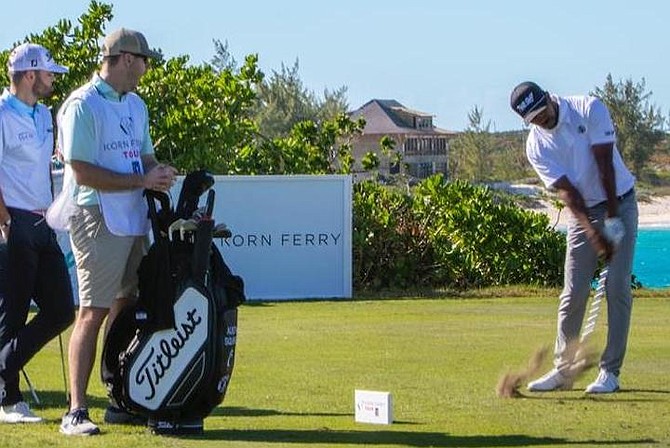 DEVAUGHN ROBINSON, far right, hits off the tee at the Great Exuma Classic golf tourney.