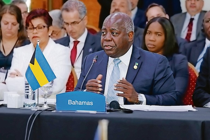 Prime Minister Philip “Brave” Davis speaking in Argentina yesterday at the meeting of the Community of Latin American and Caribbean States (CELAC).