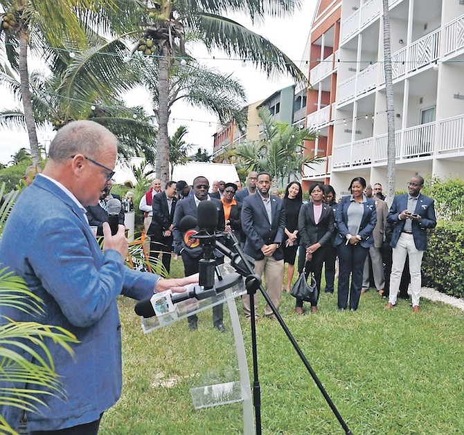 THE reopening ceremony for Pelican Bay Resort in Grand Bahama on Friday, at which Magnus Alneback, general manager, welcomed guests including Minister of Tourism, Aviation and Investments Chester Cooper, at the re-opening ceremony in Grand Bahama on Friday. Photo: Vandyke Hepburn