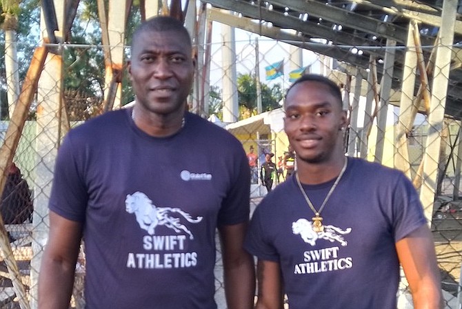 SWIFT Athletics’ coach Andrew Tynes, left, with sprinter Carlos Brown Jr.