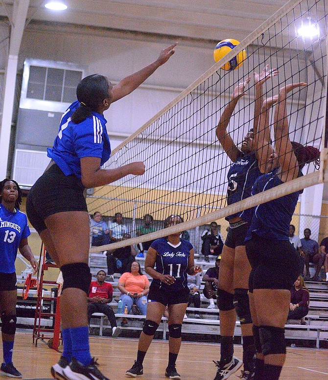 PLAY ACTION: The University of The Bahamas Mingoes women’s volleyball team in New Providence Volleyball Association postseason action against the Lady Technicians in a play-in game Tuesday night at Anatol Rodgers Gymnasium. Photos: UB Athletics