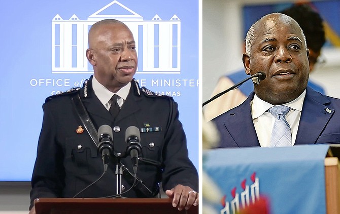 Police Commissioner Clayton Fernander speaking during the emergency press briefing on Friday and Prime Minister Philip 'Brave' Davis.
