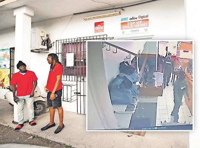 TWO migrant barbers, Gary Philius and Wilfort Senatés, pictured above in red shirts outside the barber shop where they work. Inset is a screenshot from a video showing the incident. 
Photo: Moise Aimsial