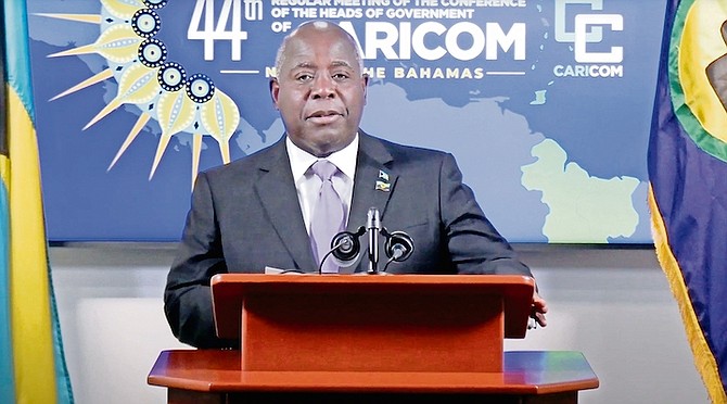 Prime Minister Philip “Brave” Davis speaking at yesterday’s press conference previewing the CARICOM meeting.