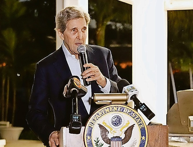 US special presidential climate envoy John Kerry speaking at the welcome reception hosted by the US embassy last night. 
Photos: Austin Fernander