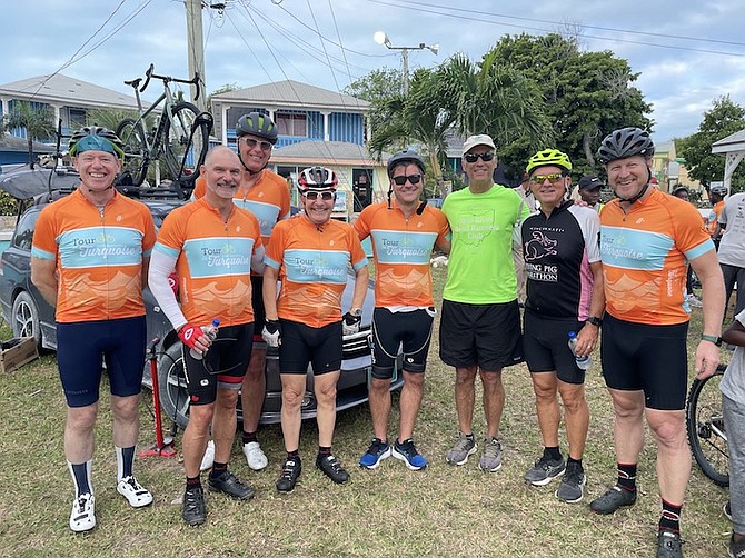 THANKS to founder Howard Chang, a second homeowner in Exuma, with strong support from other second homeowners like Bob Coughlin, 2nd from right, founder of Friends of Exuma, the 8th Annual Tour de Turquoise cycling event hit a record high, raising $165,000 for Exuma needs, topping the 2022 raise that purchased a new bus for LN Coakley High.