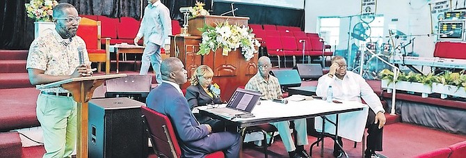 PASTORS Friday discussed the ramifications of the proposed amendments to the Sexual Offences Act criminalising marital rape. Pictured: Elsworth Johnson, pastor Devon Rolle, recently retired Social Services officer Cheryl Carroll and pastor Gregory Rolle. 
Photo: Austin Fernander