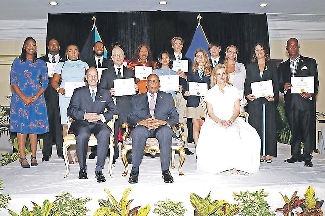 PRINCE EDWARD, Earl of Wessex and Forfar, and Sophie, Countess of Wessex and Forfar, alongside Governor General CA Smith and Gold Award recipients at the Governor General’s Youth Award (GGYA) programme at Breezes Resort Bahamas on Thursday. 
Photo: Bahamas Information Services