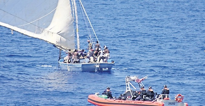 A VESSEL intercepted on Sunday by the US Coast Guard entering Bahamian waters. The Coast Guard Cutter Tampa spotted the overloaded vessel, eventually intercepting it after several hours, during which some occupants of the vessel threatened to harm children on board if the Coast Guard came closer.