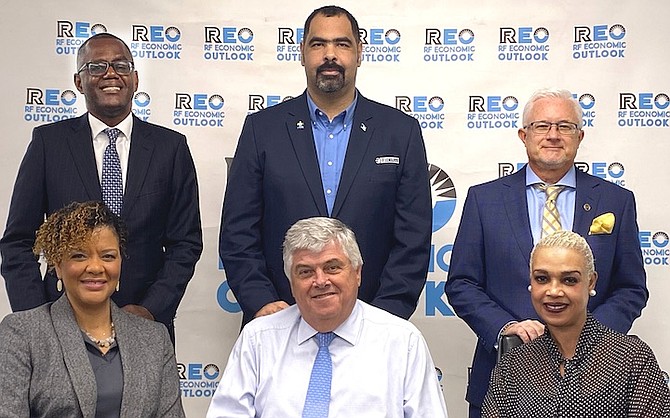 From L to R: (front row); Charnette Thompson, Vice President B2B Sales, REV; Michael Anderson, President & CEO, RF Group; Patrice Nichols, Sales Representative, The Tribune; (back row): Prince Rahming, Territory Leader, Bahamas, PwC; Gowon Bowe, CEO, Fidelity Bank; Andrew O’Brien, Partner, GSO Legal.