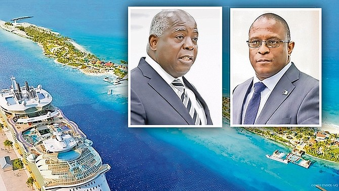 Prime Minister Philip 'Brave' Davis and Opposition Leader Michael Pintard (insets) and an artist's rendering of RCI’s plans for the beach club development at Colonial Beach on Paradise Island.