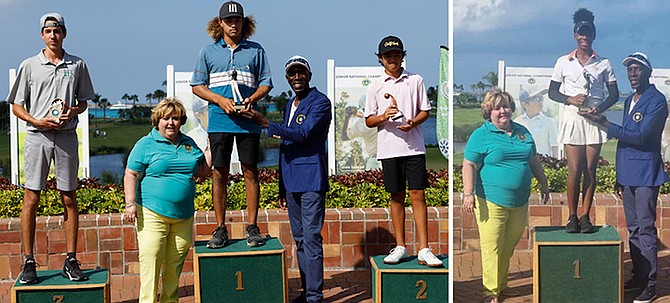 LEFT: Junior boys’ champion Alex Dupuch receives his award from Gina Rolle and Anthony Hinsey. At left is third place finisher Adrian Stan-Busuioc and second place winner Aidan Gorospe. 
RIGHT: Tyesha Tynes receives her girls under-18 title from BGF’s first vice president Anthony Hinsey. At left is Gina Rolle, director of the junior division. Photo: Austin Fernander/Tribune Staff