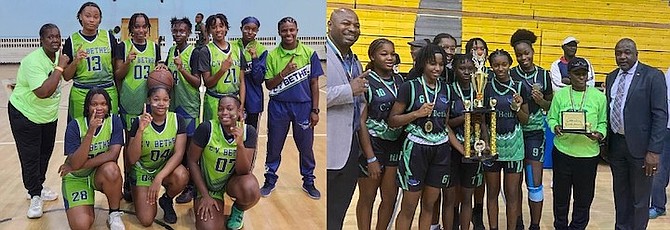 THE CV Bethel Stingrays pose as BSA senior girls champions on Friday. At right, Stingrays celebrate their Fr Marcian Peters Invitational title with Minister of Youth, Sports and Culture Mario Bowleg.