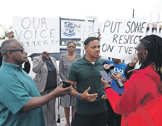 ERNESTO WILLIAMS, assistant secretary of the Union of Tertiary Educators of The Bahamas (UTEB) spoke to the media yesterday about alleged victimisation at BTVI. 
Photo: Austin Fernander