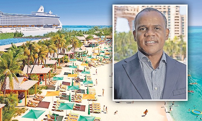 An artist's rendering of RCI’s plans for the beach club development on Paradise Island and (inset) Vaughn Roberts, senior vice-president of government affairs and special projects at Atlantis.
