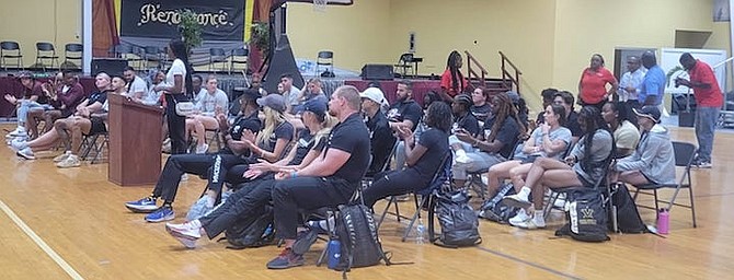 BAHAMIAN and American athletes and coaches engaging in a symposium before the start of the Island Relays Bahamas Spring University Invitational in Grand Bahama this weekend.