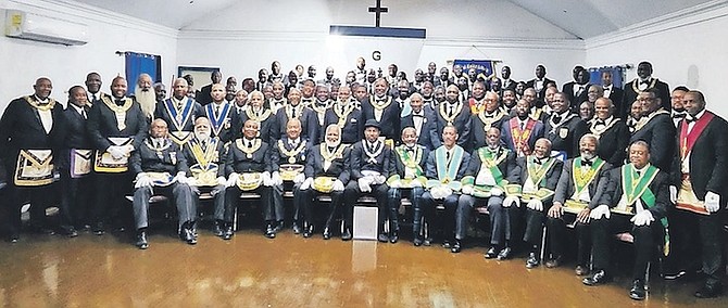 OFFICERS and members of the Most Worshipful Prince Hall Grand Lodge, Jurisdiction of the Commonwealth of The Bahamas and Turks and Caicos Islands, and its Subordinate Lodges, along with visiting Brothers from the English, Irish and Scottish Constitutions, gathered for a commemorative photograph at the conclusion of the Royal Eagle Lodge No I regular bi-monthly meeting. 
Photo: Prince Hall Media Services