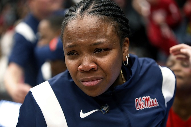 Mississippi head coach Yolett McPhee-McCuin reacts after winning against Stanford during the second half of a second-round college basketball game in the women's NCAA Tournament, Sunday, March 19, 2023, in Stanford, Calif. (AP Photo/Josie Lepe)