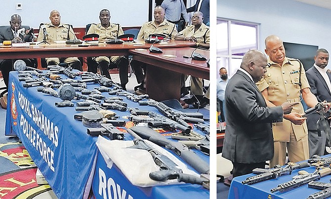 Yesterday, police unveiled a sample of the many weapons they have taken off the streets. Prime Minister Philip 'Brave' Davis is pictured with Commissioner of Police Clayton Fernander. Photos: Lorenzo McKenzie