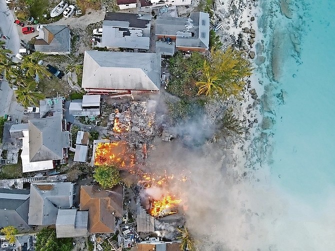 Aerial view of the area where four homes were destroyed and three others damaged, displacing 22 people in Bimini.