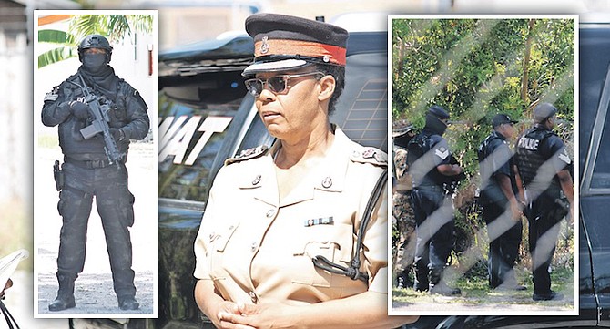 MAIN IMAGE: Chief Superintendent of Police Chrislyn Skippings issued a warning to criminals after an officer was shot in the face yesterday.
LEFT: A SWAT officer stands guard at the scene where a fellow officer was shot.
RIGHT: Police officers at the scene yesterday.