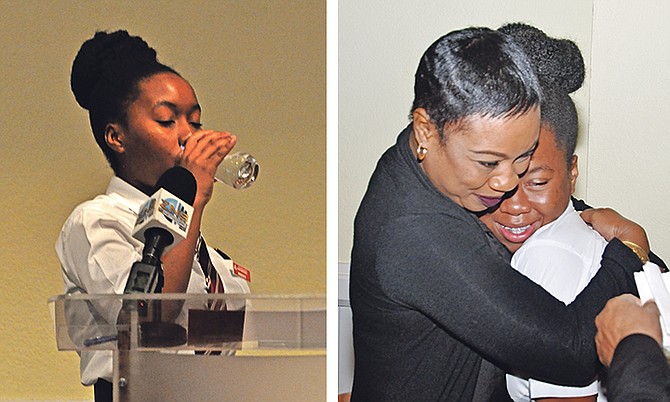 LEFT: Layla Leathan, of St Georges' High School, sips a glass of water as part of her speech presentation about Community Tourism. RIGHT: Leathan receiving a hug from her mother.