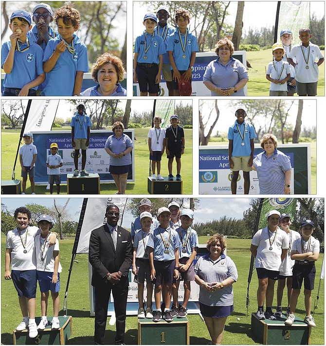 Minister of State for Education Zane Lightbourne and director of junior golf Gina Rolle-Gonzalez, above, present medals to the top qualifying upper primary boys winners. While the junior and senior high school teams wrapped up competition on Monday, the private primary schools staged their qualifying rounds to see who will advance to Thursday’s finals where they will square off against the top public primary schools teams, whose qualifying rounds will take place today.