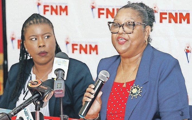 FNM women speak out during a press conference on gender-based violence yesterday after an allegation against an MP of rape. Pictured are Senator Maxine Seymour (left), and Vanessa Scott (right).
Photo: Austin Fernader