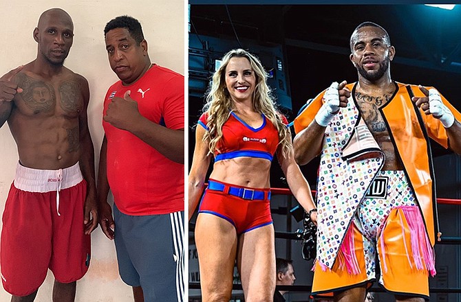 LEFT: Carl Hield and his trainer Luisbey Fernando Sanchez.
RIGHT: Rashield Williams celebrates beside one of the ring girls.