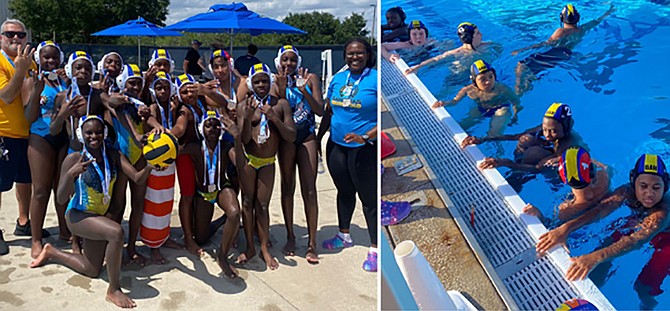 LEFT: Mantas water polo team with coaches Laszlo Borbely and Wandalee Burrows. 
RIGHT: Some club members getting in a workout.