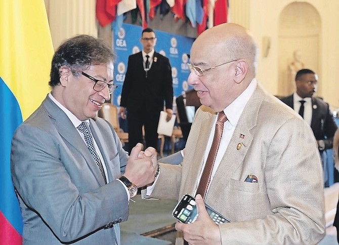 PRESIDENT of Colombia Gusatvo Petro and Antigua and Barbuda Ambassador Sir Ronald Sanders at the OAS on April 19.